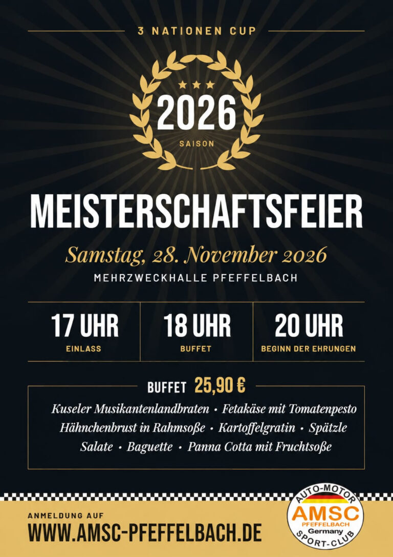 Plakat Meisterschaftsfeier 3 Nationen Cup 2026 – Samstag, 28. November 2026, Mehrzweckhalle Pfeffelbach